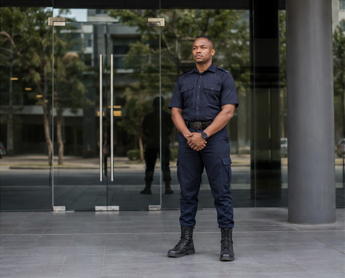 Security officer standing confidently at the entrance of a commercial building