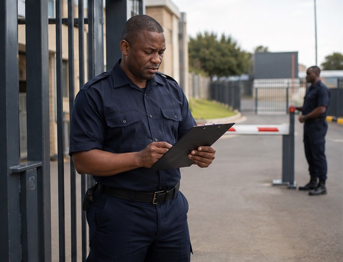 Security site manager reviewing clipboard at an access control gate