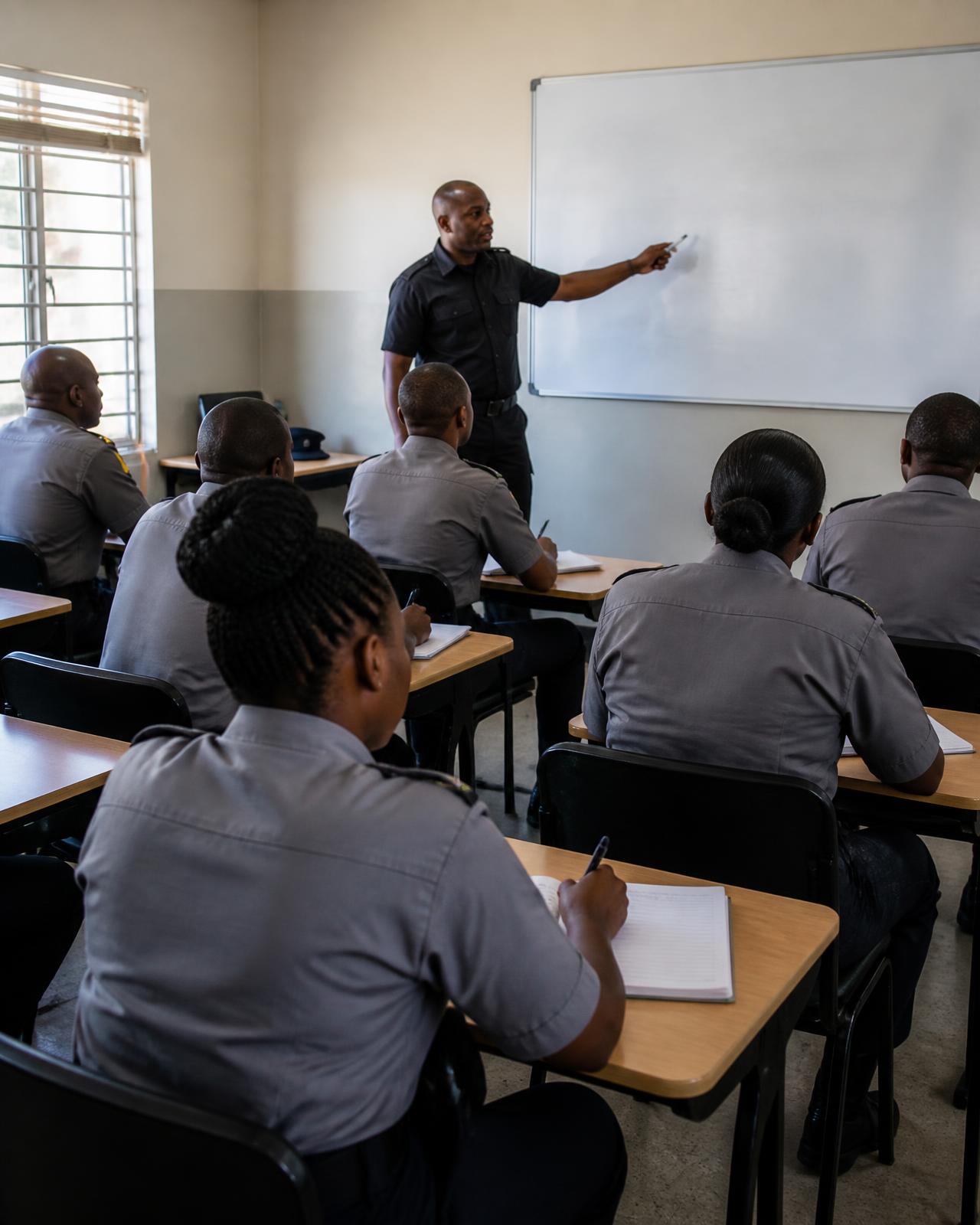 Security instructor teaching uniformed students at a whiteboard