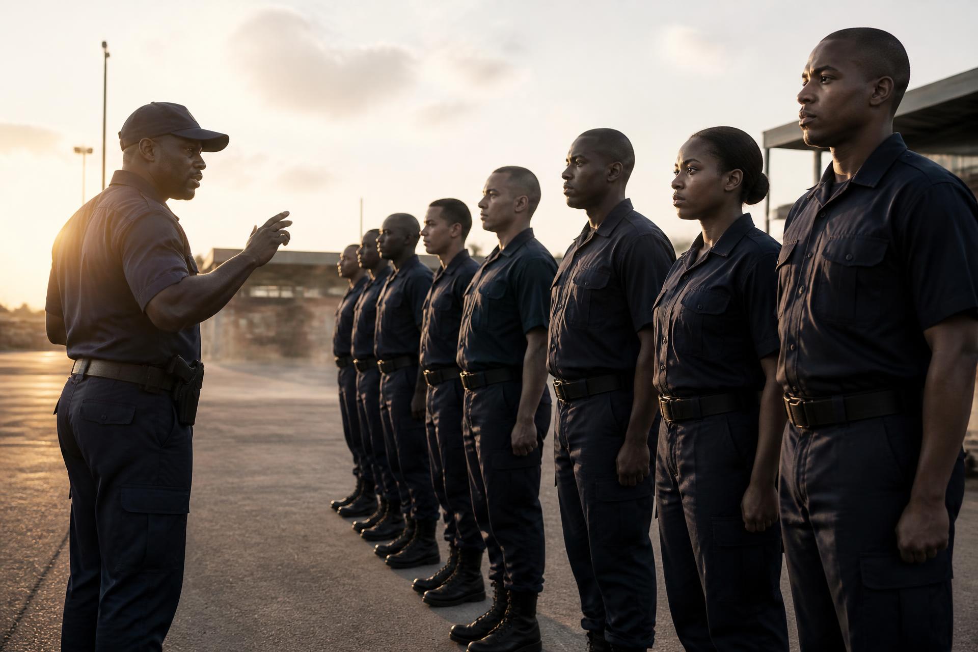 Security instructor addressing trainees in formation at golden hour